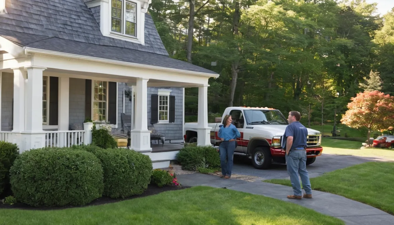 A friendly septic provider talking with a homeowner in front of a house in Lake Grove