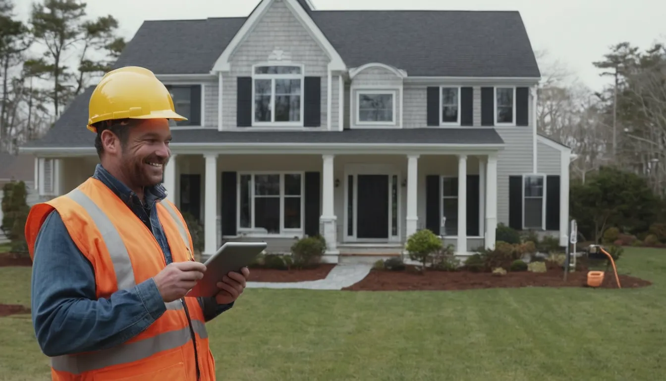 Friendly local provider showing a homeowner camera inspection footage of a sewer line in a yard in Lake Grove
